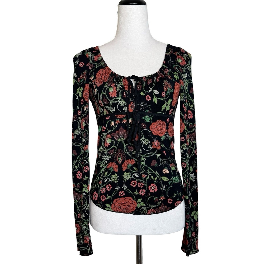 Free People Floral Babydoll Long Sleeve Top Sz L Red Whimsigoth Fairy Grunge Y2K